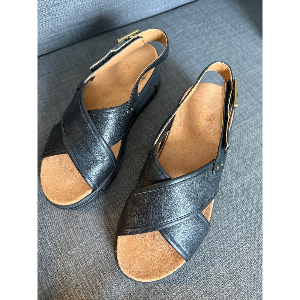New Vionic Uptown Sonoma Womens Size 8 Black Leather Wedge Sandals Arch Support